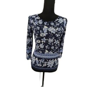 Talbots Sweater Women's sz P (XS) Petite India Ink Blue Bird Floral Toile Scoop
